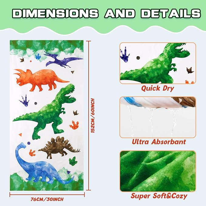 WERNNSAI Dinosaur Kids Beach Towel for Boys - 30” x 60” Pool Towels Personalized Beach Towels for Boys Kids Quick Dry Ultra Absorbent Super Soft Beach Blanket Camping Travel Swimming Bath Shower Towel