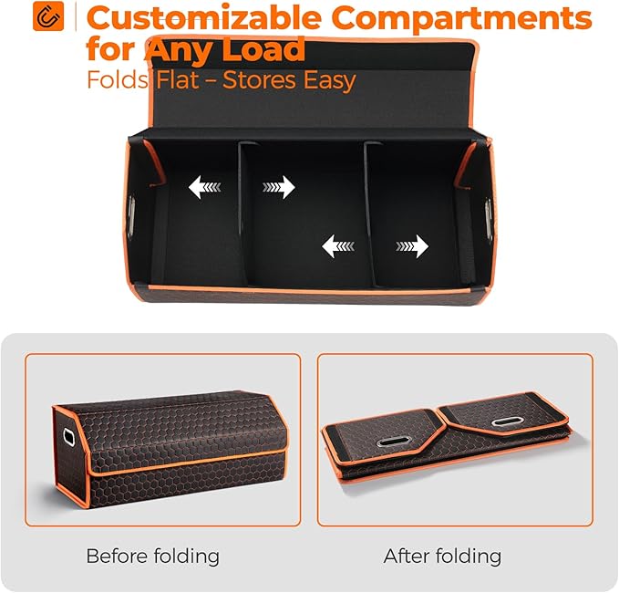 Fyzeoty Car Organizers and Storage - Trunk Organizer for SUV Car, Car Trunk Leather Storage Box, Extra Large, Magnetic Lid, Collapsible and Adjustable