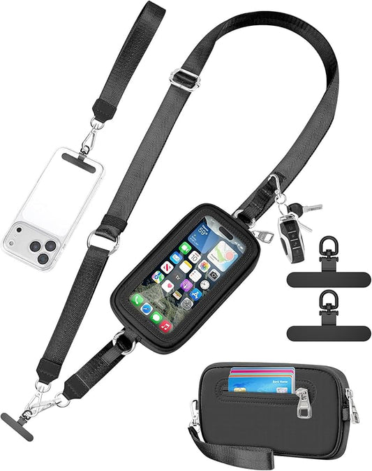 Clip and Go Strap for Phone with Wallet Crossbody, Adjustable Neck Lanyard, Detachable Wristlet Wallet with Zipper Phone Screen ID Window, 2x Tether Tabs Compatibe for iPhone & Most Cellphones Black