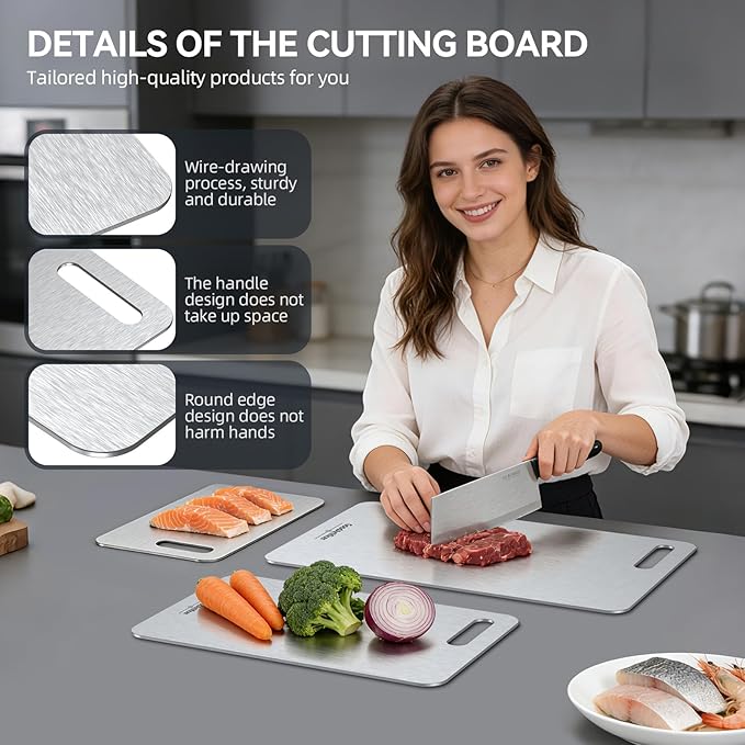 Titanium Cutting Board, 100% Pure Titanium Cutting Boards for Kitchen, Double-Sided Non-Toxic Cutting Board, Ideal for Slicing and Dicing Meats, Features Handle, Dishwasher Safe - 16"L*10"W（silver）