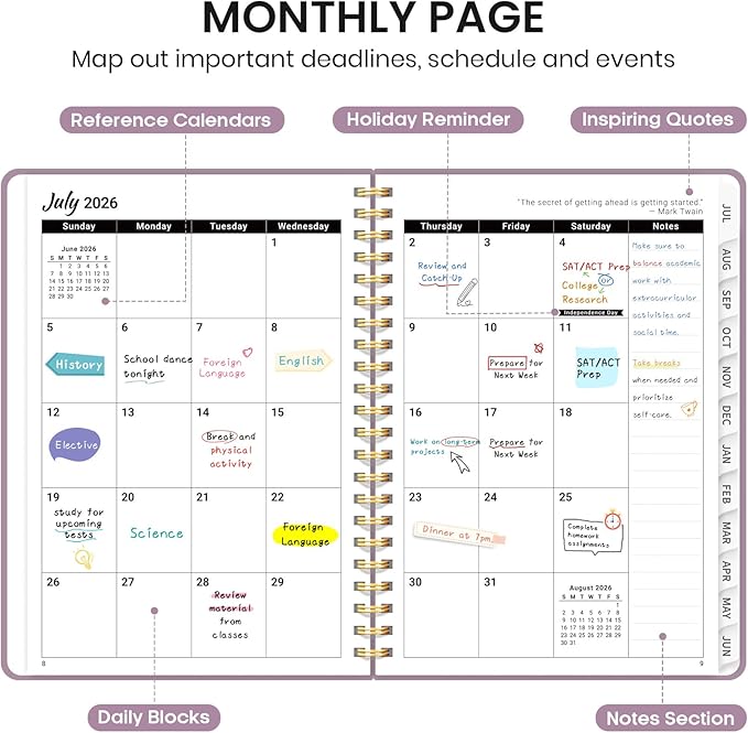Planner 2026-2027 for Women & Men, Academic Monthly and Weekly Calendar Planner, Jul 2026 - Jun 2027, A5 (6.3" x 8.5"), Teacher Student Planning Book with Tabs, Ideal for Office School Supplies - Boho Purple