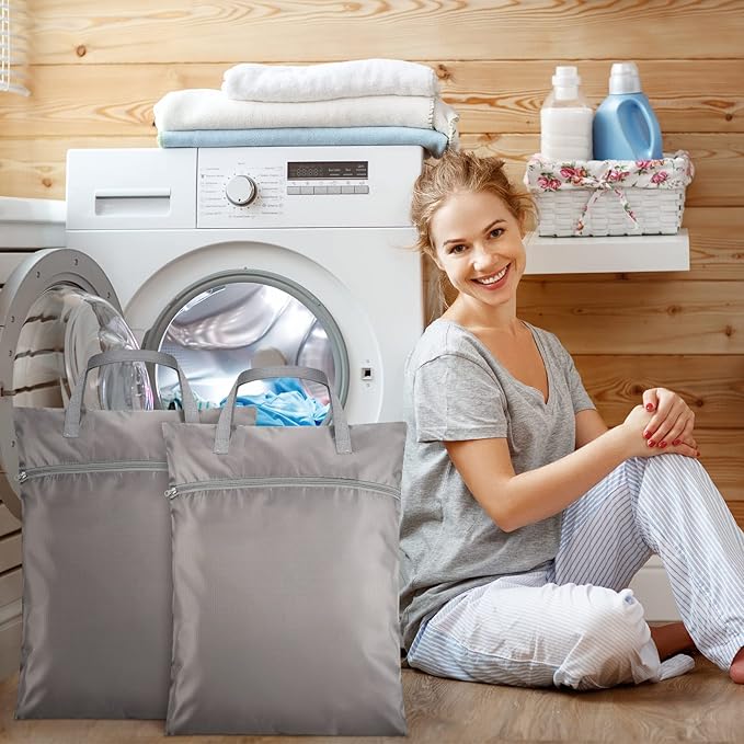 2 Pcs Travel Laundry Bags Waterproof with Handle Dirty Clothes Bag for Traveling Hanging Laundry Hamper with Two Zippered Pockets Washable Reusable for Sports Home Travel College Dorm (Gray)