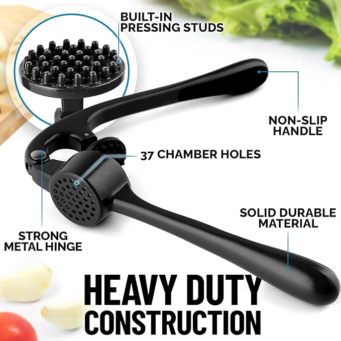 Zulay Kitchen Premium Garlic Press Set - Rust Proof & Dishwasher Safe Professional Garlic Mincer Tool - Easy-Squeeze, Easy-Clean with Soft, Ergonomic Handle - Silicone Garlic Peeler & Brush (Black)