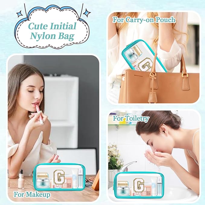 Small Clear Personalized Initial Makeup Bag,Nylon Preppy A-Z Chenille Letter Patch Cosmetic Pouch Beach Toiletry Bag,Waterproof Zipper Travel Purse Storage Bag Organizer for Women Girls(Cyan-White G)