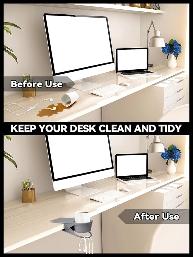 1PCS Drinking Cup Holder, Kalolary Desk Bottle Cup Stand DIY Glass Clamp Storage Saucer Clip Water Coffee Mug Holder Saucer Clip Design for Home & Office, Grey