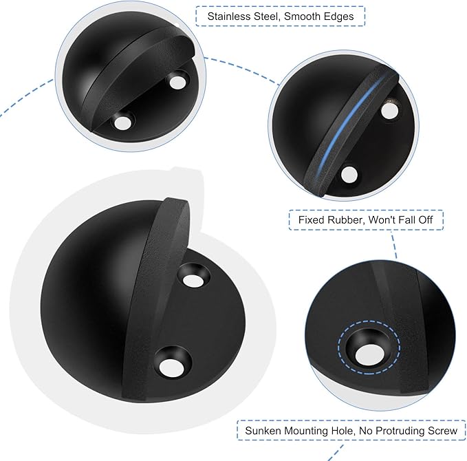 20 Pack Door Stoppers Self Adhesive Floor Mount Door Stop No Drill Black Rubber Bumper Doorstop Wall Protector, Stainless Steel Half Dome Shaped