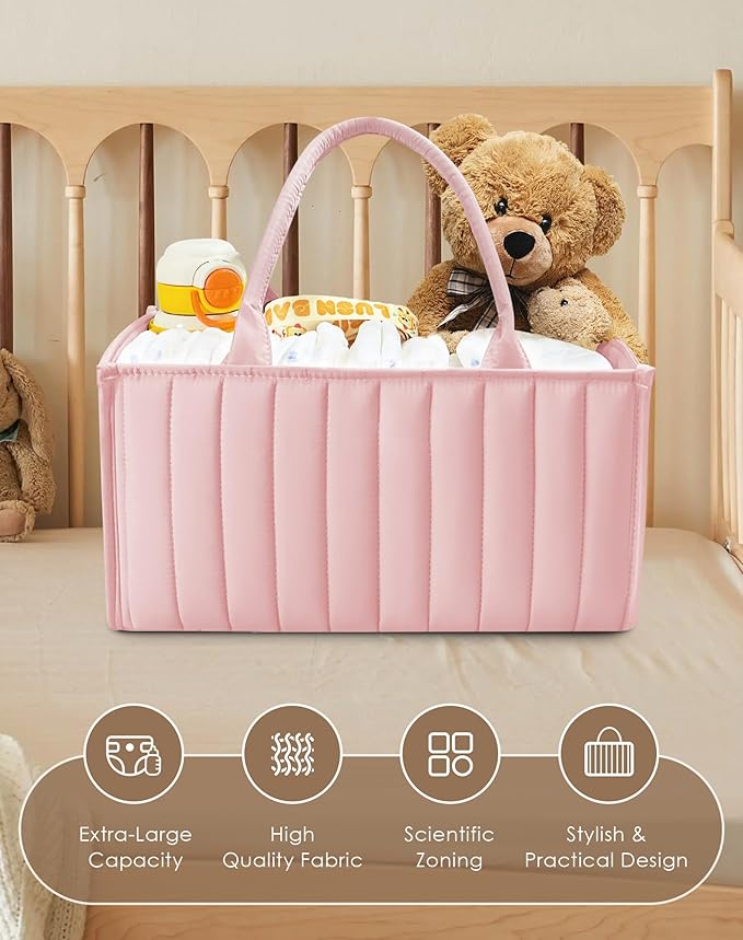 SWEET DOLPHIN 2-Pack Baby Diaper Caddy Organizers, Stylish Storage Baskets for Newborn Essentials, Diaper Station & Car Travel, Value Bundle for Baby Shower Gifts & Registry Must-Haves - Pink