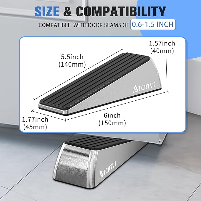 Heavy Duty Door Stopper Wedge - 1 Pack Big Size Door Stop Wedge Made of Aluminum Alloy Metal Suits Any Door, Any Floor with Set of 2 Plus Self-Adhesive Holder Satin Nickel Large Version