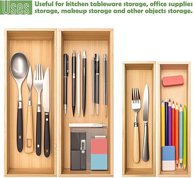 Bamboo Drawer Organizer, Utensil Organizer for Kitchen, Bamboo Storage Box Wood Silverware Tray for Drawer (Set of 4)