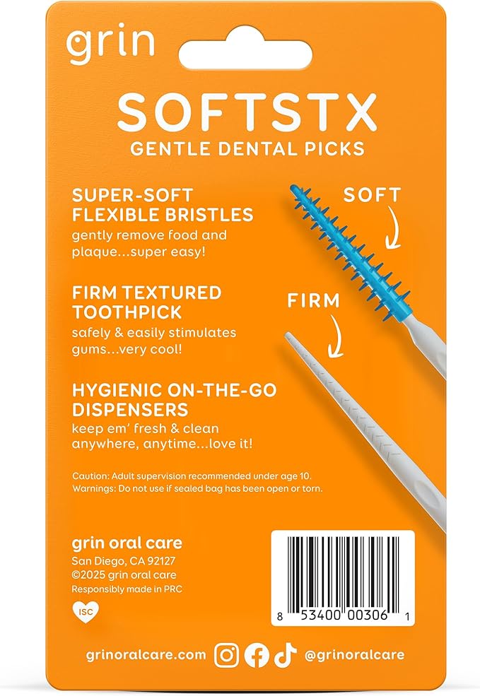 Grin Softstx,Gentle Dental Picks,Soft Flexible Bristles,Textured Plaque Removing Toothpick,Minty Flavor,for Between Teeth,Refillable Hygienic Case,for Braces,Bridges,and Implants,90 Count (Pack of 2)