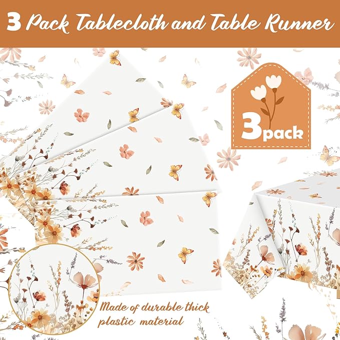 Ganeen 3 Pcs Fall Floral Tablecloth Disposable Plastic Table Covers Thanksgiving Autumn Harvest Wildflower Waterproof Tablecloths for Autumn Thanksgiving Birthday Wedding Party Decor, 54 x 108 Inch