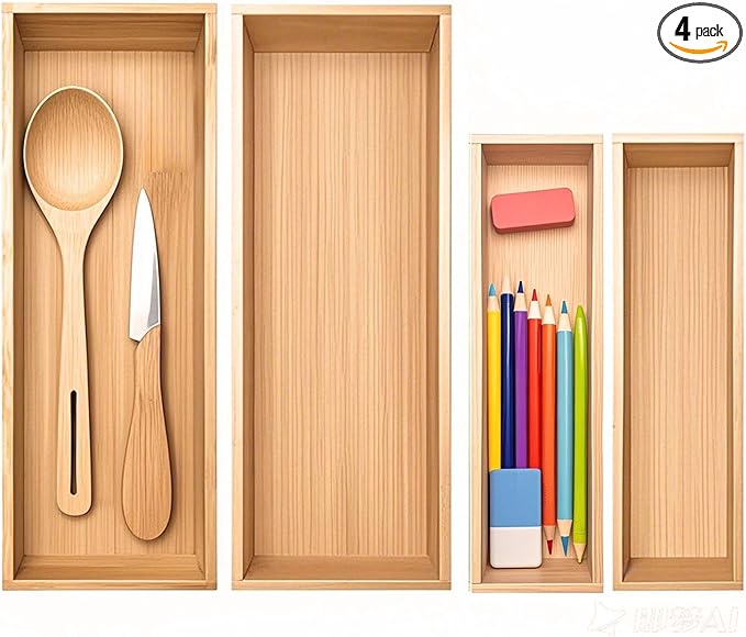 Bamboo Drawer Organizer, Utensil Organizer for Kitchen, Bamboo Storage Box Wood Silverware Tray for Drawer (Set of 4)