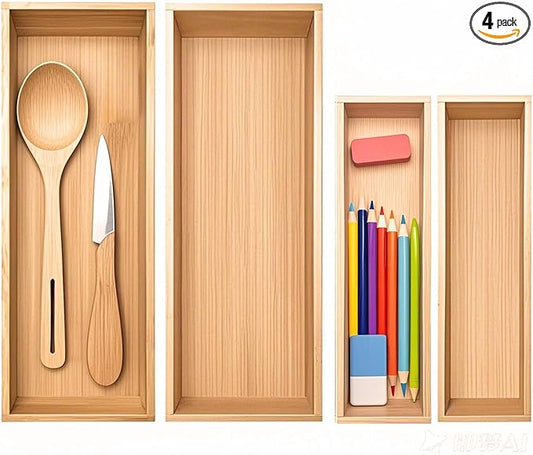 Bamboo Drawer Organizer, Utensil Organizer for Kitchen, Bamboo Storage Box Wood Silverware Tray for Drawer (Set of 4)