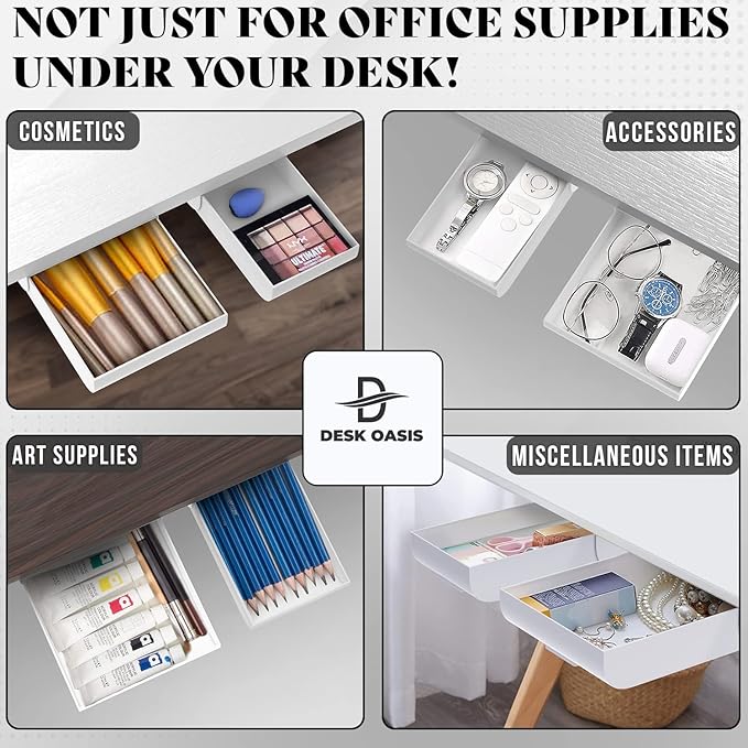 2 Pack Under Desk Drawer Organizer, Slide Out Storage for Pens, Cables & Office Accessories with Self Adhesive, No Drill Installation, Hidden Desk Storage for Office and Home