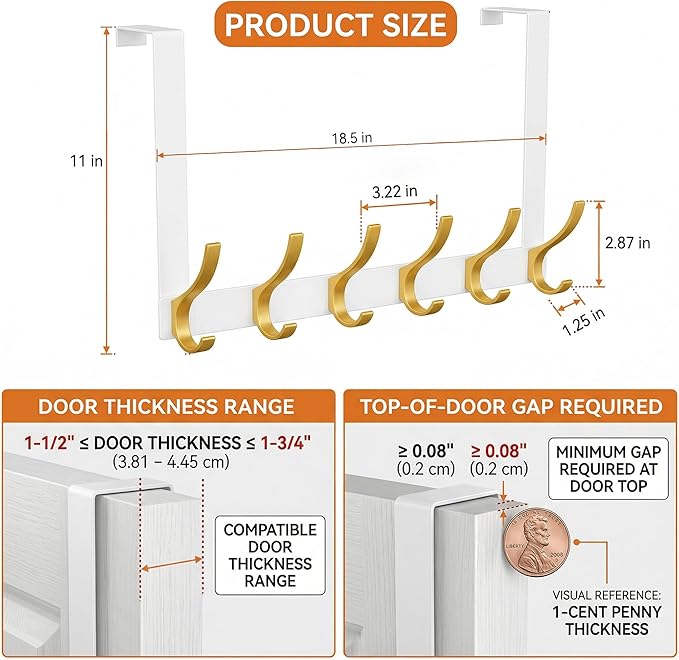 Large Over The Door Hooks, Sturdy Door Hanger with 12 Hooks, Door Towel Rack for Bathroom, Bedroom, Kitchen, Coat Rack for Hanging, Easy to Install (White Gold)