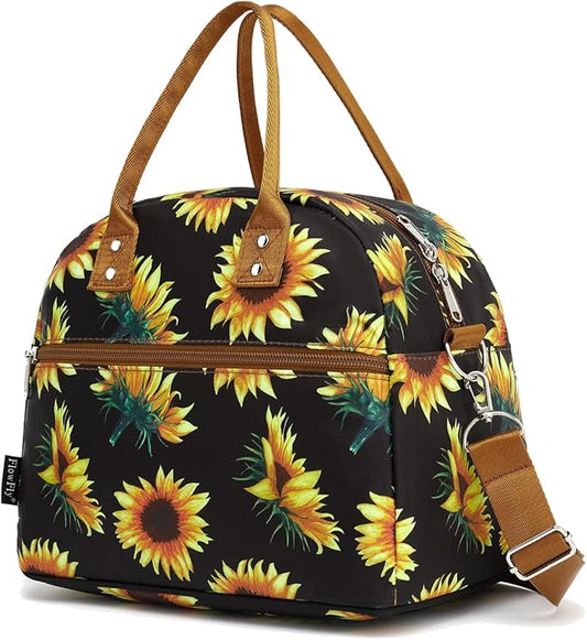 FlowFly Insulated Lunch Bag With Shoulder Strap for Women, Men, and Kids, Large and Reusable, Handle, Freezable Work and School Travel Tote and Meal Prep Organizer, Sunflower