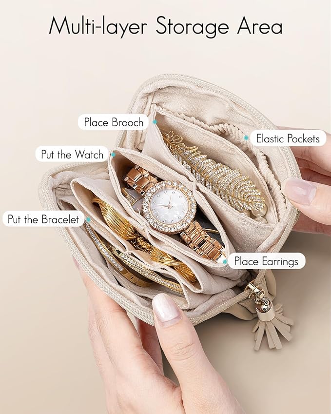 Vlando Small Jewelry Travel Case, Jewelry Pouch Bags with Zipper, Velvet Jewelry Organizer Storage Bag for Bracelet Rings Earring Travel Essentials Gifts for Women Girl-Toffee