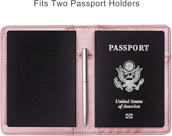 WALNEW Passport Holder for Travel, RFID Passport Cover Wallet for Women Men, PU Leather Passport Book Card Holder Case with Pen (Upgraded, Upgraded-Rosegold)