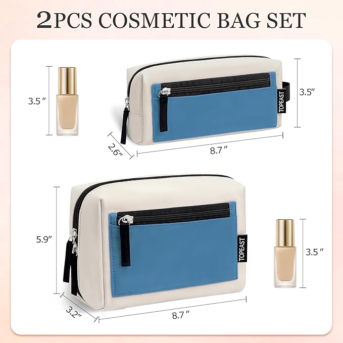 TOPEAST Makeup Bag, 2Pcs Travel Cosmetic Bag for Women, Portable Toiletry Pouch Set, Wide-Opening Waterproof Makeup Purse Organizer, Beige Blue