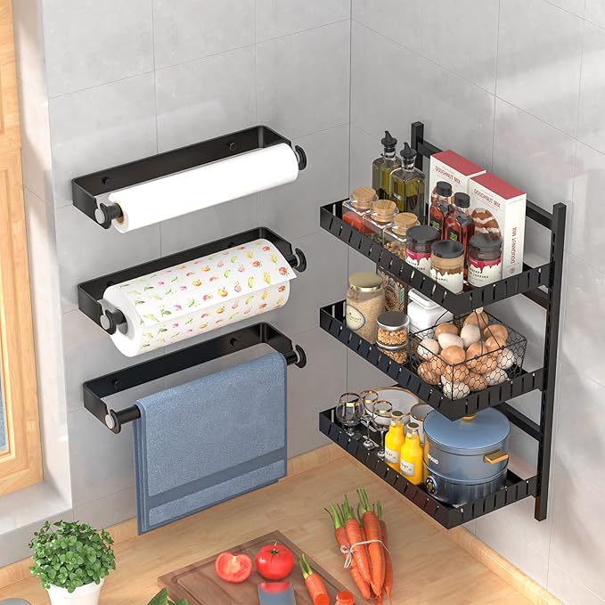 Aheucndg Paper Towel Holder for Kitchen, Wall Mount Paper Towel Holder, for Kitchen or Bathroom Self-Adhesive or Drill Mounting Paper Roll Holder Under Cabinet (Black 2Pack)