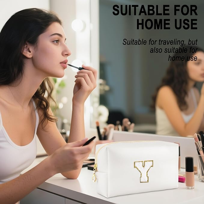 Gifts for Girls Initial Makeup Bag Personalized Cosmetic Bag with Zipper Cute Travel Toiletry Bags Waterproof PU Preppy Makeup Pouch Birthday Gift for Teen Girls Women(White Y)