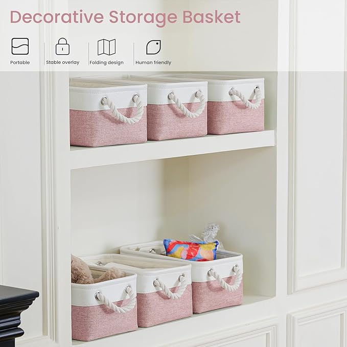 VQRTEXA Storage Baskets for Shelves 11.8x7.9x5.2 Inch, Foldable Fabric Storage Bins with Handles, Small Storage Baskets for Organizing Closet, Bathroom, Office, Home Organization (6-Pack, White&Pink)