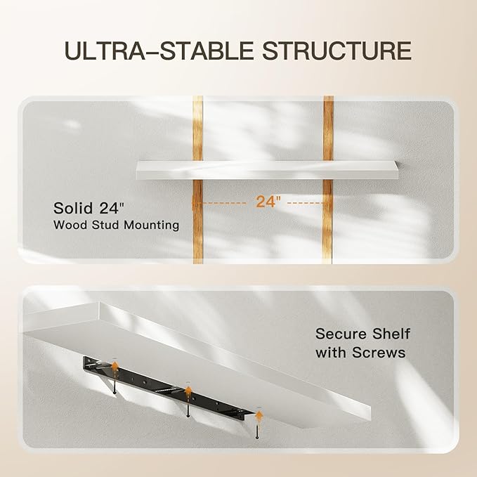 AMADA HOMEFURNISHING Floating Shelves Wall Mounted, 47 x 8 Inch Wall Shelves for Bathroom, Bedroom, Living Room, White Shelves Set of 2