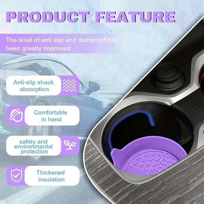 4PCS Car Cup Holder Coaster, Silicone Non-Slip Vehicle Insert Water Bottle Mat, Universal Insulation Drink Cup Pad Decor for SUV/Sedan/Truck, Automotive Interior Accessories (Purple)