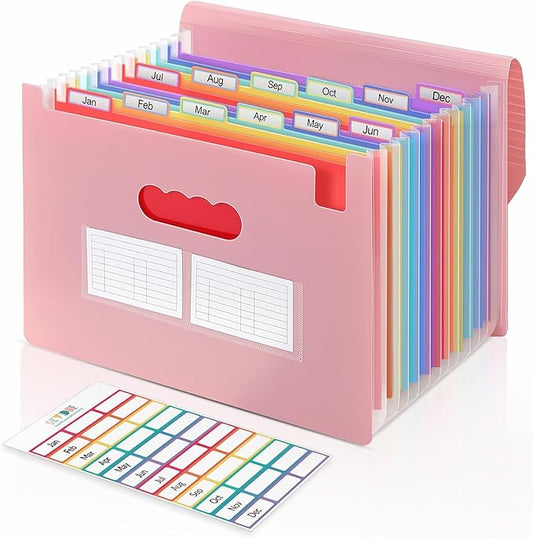 SKYDUE Accordion File Organizer, Expanding File Folder with 13 Pockets, Portable Document Paper Bill Receipt Organizer, Home School Office Supplies, Letter A4 Size Pink