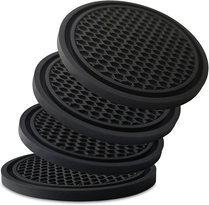 Car Cup Holder Coaster 4 Pack - Non Slip & Shockproof,Flexible PVC Rubber Insert for Car/Truck/SUV/Van (2.75"x0.2") Universal Fit Auto Cup Holders Accessories for Women and Man (Black)