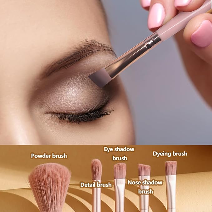 Travel Brush Set, Portable 5 PCS Mini Makeup Brushes with Mirror, Easy-taken Makeup Tool Set for Eyeshadow, Contour, Blush, Complete Function Cosmetic Profesional Tools (Brown)