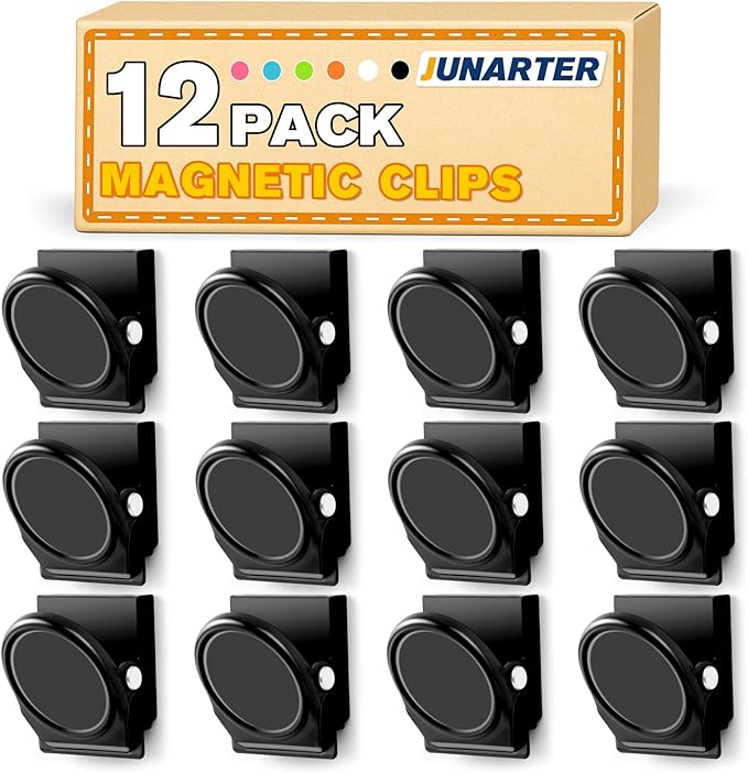 12 Pack Magnetic Clips Heavy Duty, Black Magnet Clips for Fridge, Refrigerator Magnets, Strong Magnetic Clip, Scratch Free Magnets with Clip for Whiteboard, Refrigerator, Cruise, Locker
