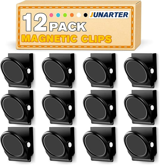 12 Pack Magnetic Clips Heavy Duty, Black Magnet Clips for Fridge, Refrigerator Magnets, Strong Magnetic Clip, Scratch Free Magnets with Clip for Whiteboard, Refrigerator, Cruise, Locker