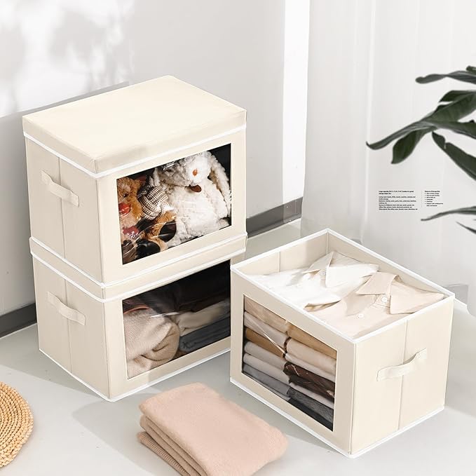 Storage Bins with Lids - Medium Storage Box with Lids, Foldable Closet Boxes for Organizing, Stackable Clothes Organizer with Window, Cubes Bins for Living Room, 5 Pack, Beige