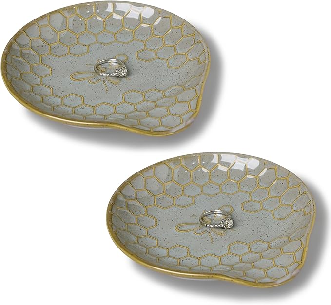 GDCZ Ceramic Jewelry Tray, 5.3" Decorative Dish, Personalized Jewelry Trays with Pattern, Gifts for Friends, Sisters and Women, Set of 2 (Grey)