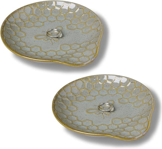 GDCZ Ceramic Jewelry Tray, 5.3" Decorative Dish, Personalized Jewelry Trays with Pattern, Gifts for Friends, Sisters and Women, Set of 2 (Grey)