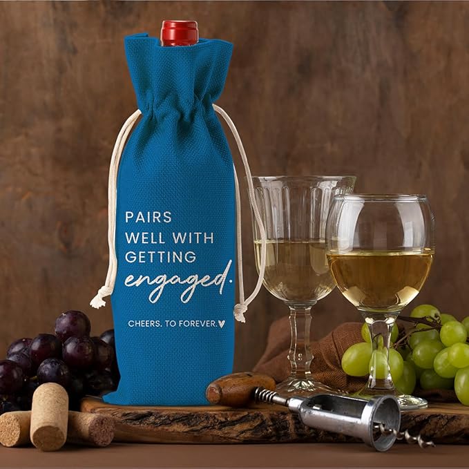 Engaged Gifts, Engagement Gifts for Couples Her, Engagement Party Decorations Gifts for Engaged Couple Wine Bag, Pairs Well with Getting Engaged Wine Bottle Bag（Blue）