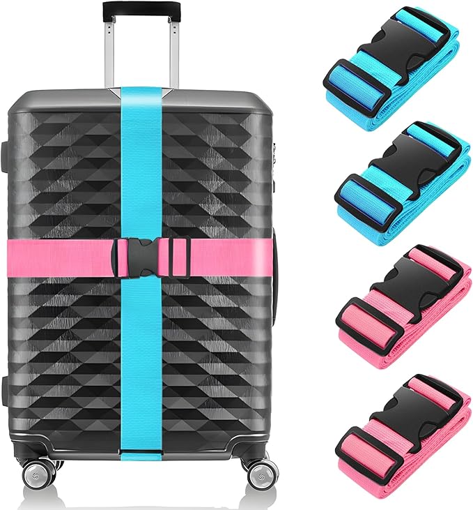 BILIONE 4 Pack Luggage Straps 79" Long Belts Keep Suitcase Secure While Traveling, TSA Approved Add a Bag Premium Accessory for Travel Bag Closure (2PCS Blue + 2PCS Rose Pink)