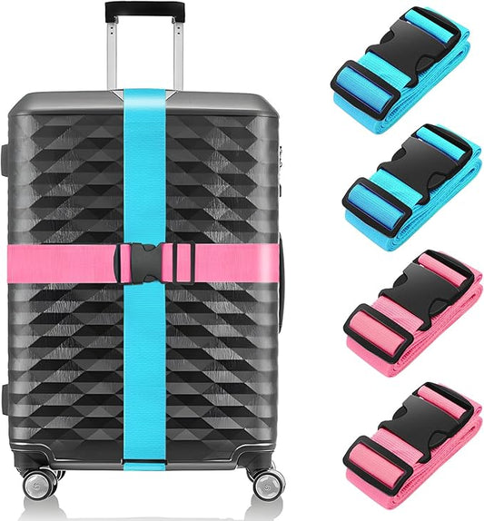 BILIONE 4 Pack Luggage Straps 79" Long Belts Keep Suitcase Secure While Traveling, TSA Approved Add a Bag Premium Accessory for Travel Bag Closure (2PCS Blue + 2PCS Rose Pink)