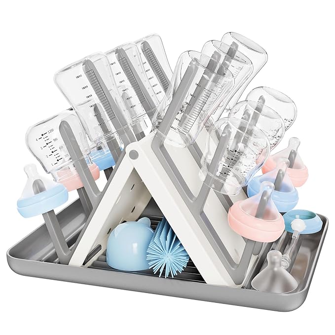 CandyHome Large Baby Bottle Drying Rack, Space Saving 18 Detached Hook Slope Bottle Dryer Holder for Countertop Kitchen Organize Bottles & Baby Accessories Brushes Pacifiers and Pump Part- BPA Free