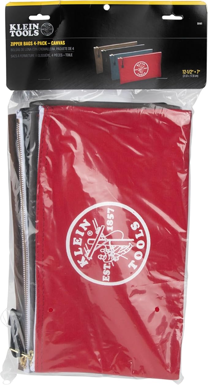 Klein Tools 5141 Zipper Tool Bag, Tool Pouch, Bank Deposit Canvas Utility Bag, 12.5 x 7-Inch, Brown/Black/Gray/Red 4-Pack