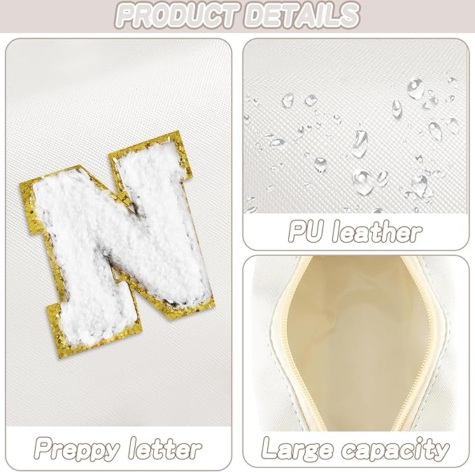 Gifts for Girls Initial Makeup Bag Personalized Cosmetic Bag with Zipper Cute Travel Toiletry Bags Waterproof PU Preppy Makeup Pouch Birthday Gift for Teen Girls Women(White N)