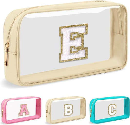 Personalized Initial Letter Clear Makeup Bag, Small Nylon & PVC Cosmetic Zipper Bag with Chenille Letter, Portable Beach Travel Skincare Toiletry Bag, Trendy Monogram Gift for Teen Girls Women, E