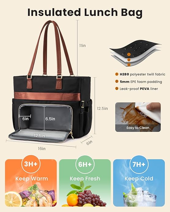LOVEVOOK Lunch Tote Bag for Women, Work Bag with Insulated Lunch Compartment Laptop Bag Large Lunch Bag for Teacher, Daily