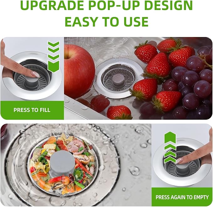 Sink Drain Strainer - Kitchen Sink Stopper, 3 in 1 Kitchen Sink Drain Strainer with Anti-Clogging Basket, Fit US Standard 3-1/2'' Sink Hole