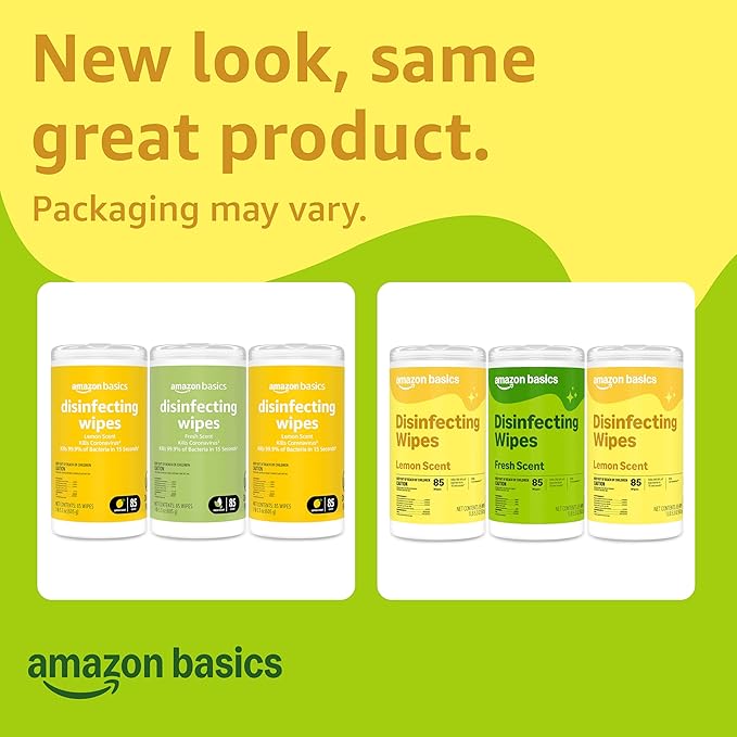 Amazon Basics Disinfecting Wipes, Lemon & Fresh Scent, Sanitizes, Cleans, Disinfects & Deodorizes, 255 Count (3 Packs of 85), Packaging May Vary