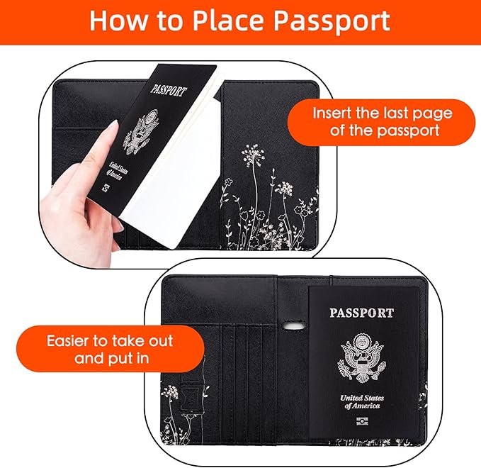 WALNEW Passport Holder for Travel, RFID Passport Cover Wallet for Women Men, PU Leather Passport Book Card Holder Case with Pen (Elastic Band Closure, D-Black Flowers)