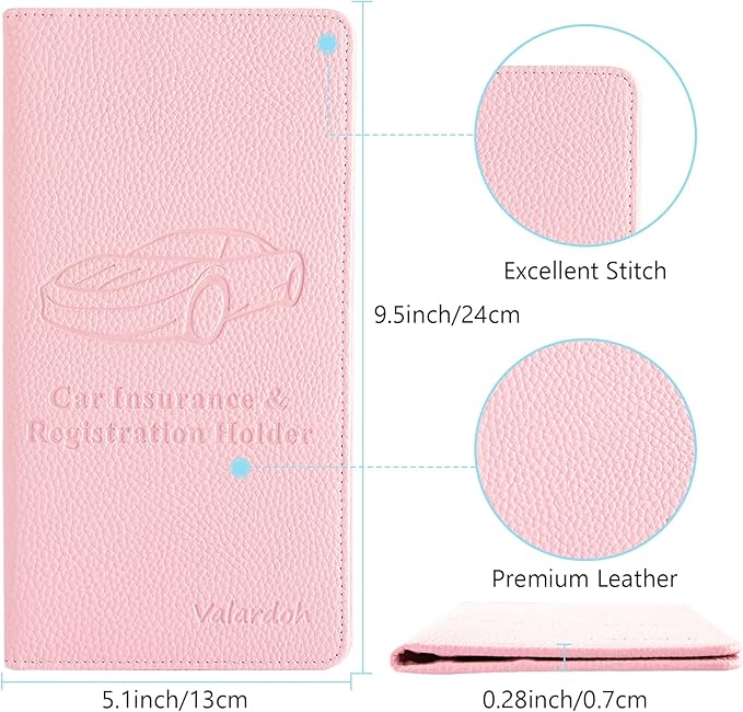 Valardoh Premium Car Registration and Insurance Card Holder, Car Document Holder for Cards, Driver License & other Essential Documents (Pink)