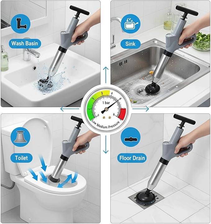 Toilet Plunger, High Pressure Toilet Plunger with Gloves,2 Hair Snake,2 Hair Filters, Toilet Auger Air Drain Blaster with Real-Time, Heavy Duty Plunger for Bathroom and Kitchen Plumbing Clogs