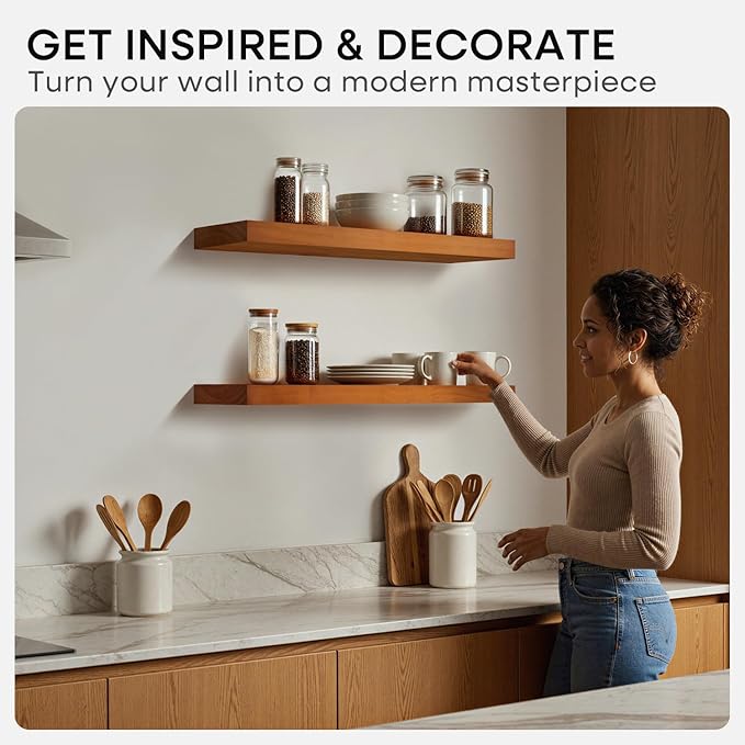 Homeforia Oak Floating Shelves 36 inches Long, High-End Solid Real Wood 36-inch Floating Shelf for Room Wall, Honey Oak Wooden 36-inch Kitchen Shelves, Heavy Duty Bracket, 36 X 6.5 X 1.75 in, Set of 3